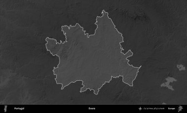 Evora. Portekiz 'in idari alanı koyu gri tonlu yükselme haritasına vurgulanmış ve özetlenmiştir