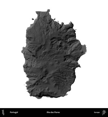 Ilha das Flores. Portekiz 'in idari bölgesi gri ölçekli yükseklik haritasında beyaza izole edildi
