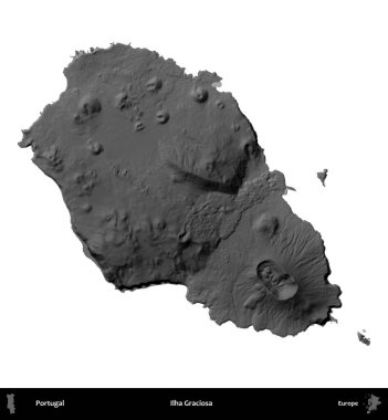 Ilha Graciosa. Portekiz 'in idari bölgesi gri ölçekli yükseklik haritasında beyaza izole edildi