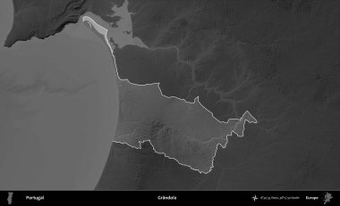 Grandola. Portekiz 'in idari alanı koyu gri tonlu yükselme haritasına vurgulanmış ve özetlenmiştir