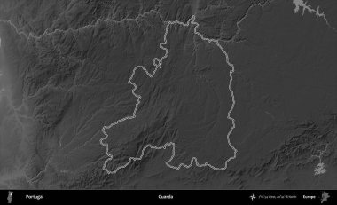 Guarda. Portekiz 'in idari alanı bir gri ölçekli yükselme haritasında belirtilmiştir