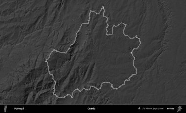 Guarda. Portekiz 'in idari alanı bir gri ölçekli yükselme haritasında belirtilmiştir