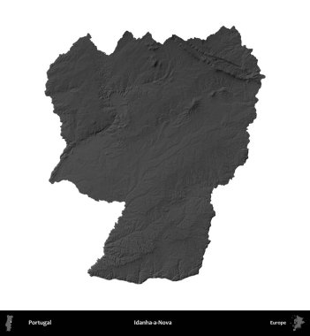 Idanha-a-Nova. Portekiz 'in idari bölgesi gri ölçekli yükseklik haritasında beyaza izole edildi