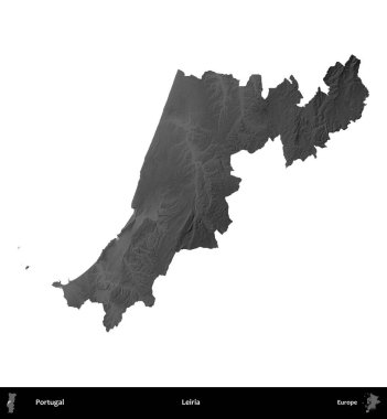 Leiria dağılımı. Portekiz 'in idari bölgesi gri ölçekli yükseklik haritasında beyaza izole edildi