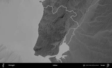 Lisboa. Portekiz 'in idari alanı bir gri ölçekli yükselme haritasında belirtilmiştir