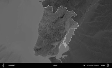 Lisboa. Portekiz 'in idari alanı koyu gri tonlu yükselme haritasına vurgulanmış ve özetlenmiştir