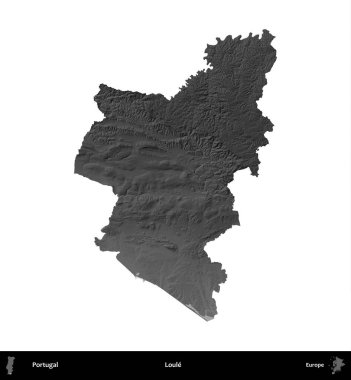Loule. Portekiz 'in idari bölgesi gri ölçekli yükseklik haritasında beyaza izole edildi