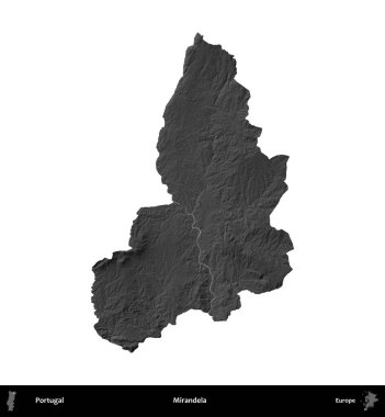 Mirandela. Portekiz 'in idari bölgesi gri ölçekli yükseklik haritasında beyaza izole edildi