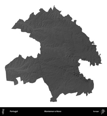 Montemor-o-Novo. Portekiz 'in idari bölgesi gri ölçekli yükseklik haritasında beyaza izole edildi