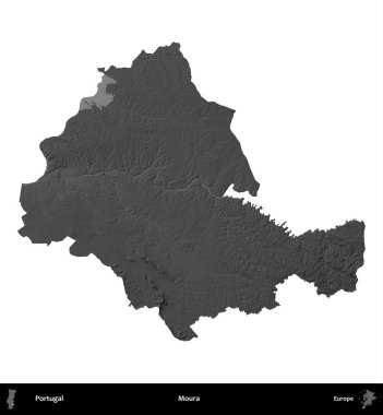 Moura. Portekiz 'in idari bölgesi gri ölçekli yükseklik haritasında beyaza izole edildi