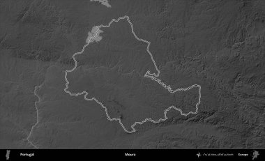 Moura. Portekiz 'in idari alanı bir gri ölçekli yükselme haritasında belirtilmiştir