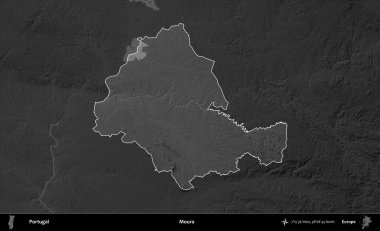 Moura. Portekiz 'in idari alanı koyu gri tonlu yükselme haritasına vurgulanmış ve özetlenmiştir