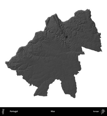 Nisa. Portekiz 'in idari bölgesi gri ölçekli yükseklik haritasında beyaza izole edildi