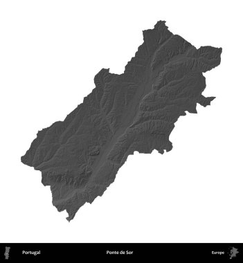 Ponte de Sor. Portekiz 'in idari bölgesi gri ölçekli yükseklik haritasında beyaza izole edildi
