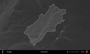 Ponte de Sor. Portekiz 'in idari alanı koyu gri tonlu yükselme haritasına vurgulanmış ve özetlenmiştir
