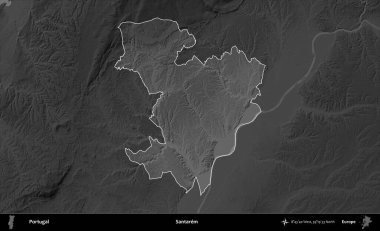 Santarem. Portekiz 'in idari alanı koyu gri tonlu yükselme haritasına vurgulanmış ve özetlenmiştir