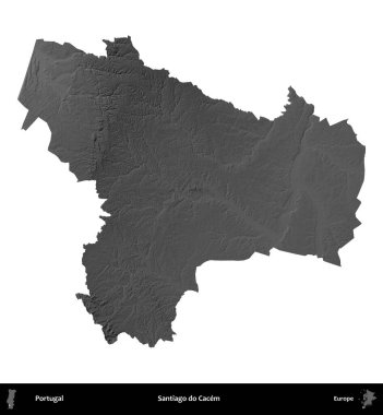 Santiago Cacem 'i yap. Portekiz 'in idari bölgesi gri ölçekli yükseklik haritasında beyaza izole edildi
