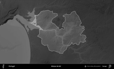 Sal 'i yapan Alcacer. Portekiz 'in idari alanı koyu gri tonlu yükselme haritasına vurgulanmış ve özetlenmiştir