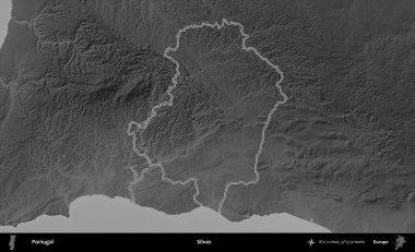 Silves. Portekiz 'in idari alanı bir gri ölçekli yükselme haritasında belirtilmiştir