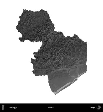 Tavira. Portekiz 'in idari bölgesi gri ölçekli yükseklik haritasında beyaza izole edildi