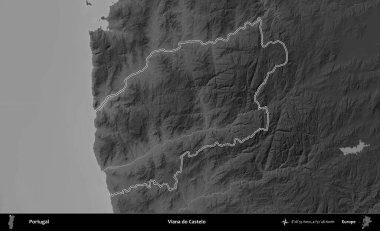 Viana do Castelo. Portekiz 'in idari alanı bir gri ölçekli yükselme haritasında belirtilmiştir