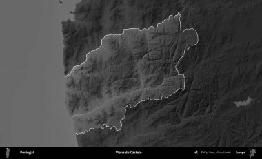 Viana do Castelo. Portekiz 'in idari alanı koyu gri tonlu yükselme haritasına vurgulanmış ve özetlenmiştir