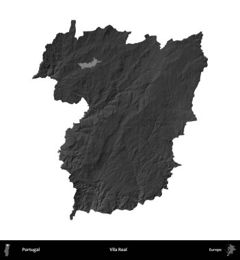 Vila Real. Portekiz 'in idari bölgesi gri ölçekli yükseklik haritasında beyaza izole edildi