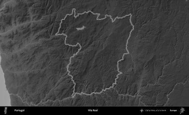 Vila Real. Portekiz 'in idari alanı bir gri ölçekli yükselme haritasında belirtilmiştir
