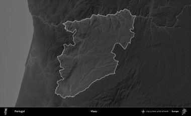 Viseu. Portekiz 'in idari alanı koyu gri tonlu yükselme haritasına vurgulanmış ve özetlenmiştir