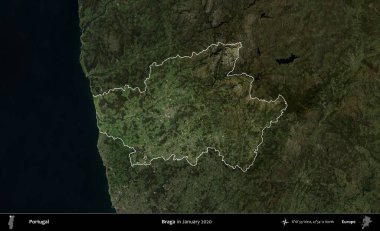 - Braga. Portekiz 'in idari alanı, Ocak 2020' de çekilen Global Mozaik Sentinel-2 karolarından oluşan koyu renkli bir uydu görüntüsü üzerine vurgulandı ve özetlendi.