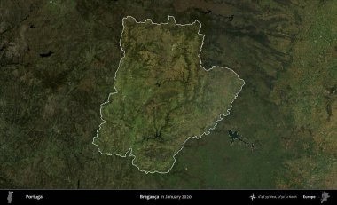Braganca. Portekiz 'in idari alanı, Ocak 2020' de çekilen Global Mozaik Sentinel-2 karolarından oluşan koyu renkli bir uydu görüntüsü üzerine vurgulandı ve özetlendi.