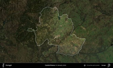 Castelo Branco. Portekiz 'in idari alanı, Ocak 2020' de çekilen Global Mozaik Sentinel-2 karolarından oluşan koyu renkli bir uydu görüntüsü üzerine vurgulandı ve özetlendi.