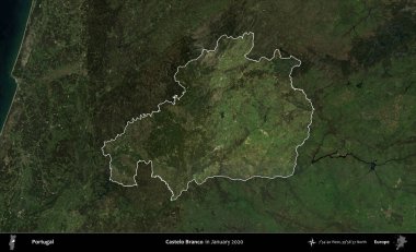 Castelo Branco. Portekiz 'in idari alanı, Ocak 2020' de çekilen Global Mozaik Sentinel-2 karolarından oluşan koyu renkli bir uydu görüntüsü üzerine vurgulandı ve özetlendi.