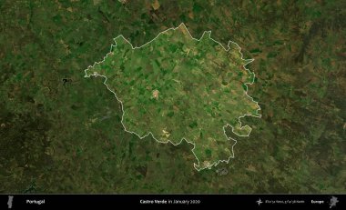Castro Verde. Portekiz 'in idari alanı, Ocak 2020' de çekilen Global Mozaik Sentinel-2 karolarından oluşan koyu renkli bir uydu görüntüsü üzerine vurgulandı ve özetlendi.