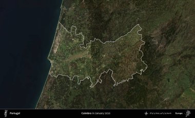 Coimbra. Portekiz 'in idari alanı, Ocak 2020' de çekilen Global Mozaik Sentinel-2 karolarından oluşan koyu renkli bir uydu görüntüsü üzerine vurgulandı ve özetlendi.