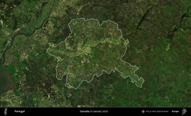 Coruche. Portekiz 'in idari alanı, Ocak 2020' de çekilen Global Mozaik Sentinel-2 karolarından oluşan koyu renkli bir uydu görüntüsü üzerine vurgulandı ve özetlendi.