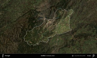 Covilha. Portekiz 'in idari alanı, Ocak 2020' de çekilen Global Mozaik Sentinel-2 karolarından oluşan koyu renkli bir uydu görüntüsü üzerine vurgulandı ve özetlendi.