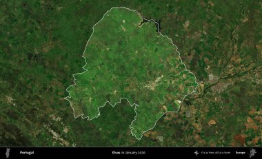 Elvas. Portekiz 'in idari alanı, Ocak 2020' de çekilen Global Mozaik Sentinel-2 karolarından oluşan koyu renkli bir uydu görüntüsü üzerine vurgulandı ve özetlendi.