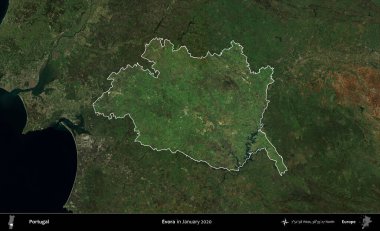 Evora. Portekiz 'in idari alanı, Ocak 2020' de çekilen Global Mozaik Sentinel-2 karolarından oluşan koyu renkli bir uydu görüntüsü üzerine vurgulandı ve özetlendi.