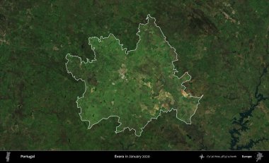 Evora. Portekiz 'in idari alanı, Ocak 2020' de çekilen Global Mozaik Sentinel-2 karolarından oluşan koyu renkli bir uydu görüntüsü üzerine vurgulandı ve özetlendi.