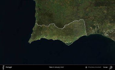 Faro. Portekiz 'in idari alanı, Ocak 2020' de çekilen Global Mozaik Sentinel-2 karolarından oluşan koyu renkli bir uydu görüntüsü üzerine vurgulandı ve özetlendi.