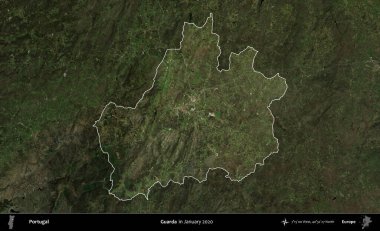 Guarda. Portekiz 'in idari alanı, Ocak 2020' de çekilen Global Mozaik Sentinel-2 karolarından oluşan koyu renkli bir uydu görüntüsü üzerine vurgulandı ve özetlendi.