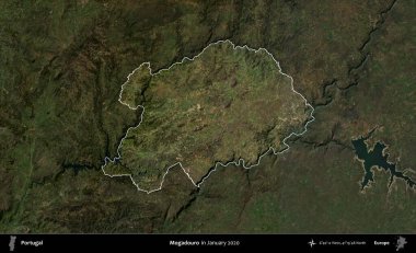 Mogadouro. Portekiz 'in idari alanı, Ocak 2020' de çekilen Global Mozaik Sentinel-2 karolarından oluşan koyu renkli bir uydu görüntüsü üzerine vurgulandı ve özetlendi.