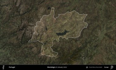 Montalegre 'de. Portekiz 'in idari alanı, Ocak 2020' de çekilen Global Mozaik Sentinel-2 karolarından oluşan koyu renkli bir uydu görüntüsü üzerine vurgulandı ve özetlendi.