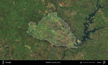 Portel. Portekiz 'in idari alanı, Ocak 2020' de çekilen Global Mozaik Sentinel-2 karolarından oluşan koyu renkli bir uydu görüntüsü üzerine vurgulandı ve özetlendi.
