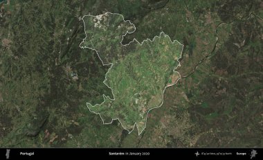 Santarem. Portekiz 'in idari alanı, Ocak 2020' de çekilen Global Mozaik Sentinel-2 karolarından oluşan koyu renkli bir uydu görüntüsü üzerine vurgulandı ve özetlendi.