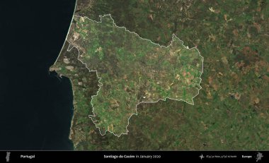 Santiago Cacem 'i yap. Portekiz 'in idari alanı, Ocak 2020' de çekilen Global Mozaik Sentinel-2 karolarından oluşan koyu renkli bir uydu görüntüsü üzerine vurgulandı ve özetlendi.