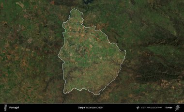 Serpa. Portekiz 'in idari alanı, Ocak 2020' de çekilen Global Mozaik Sentinel-2 karolarından oluşan koyu renkli bir uydu görüntüsü üzerine vurgulandı ve özetlendi.