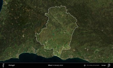 Silves. Portekiz 'in idari alanı, Ocak 2020' de çekilen Global Mozaik Sentinel-2 karolarından oluşan koyu renkli bir uydu görüntüsü üzerine vurgulandı ve özetlendi.