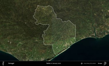 Tavira. Portekiz 'in idari alanı, Ocak 2020' de çekilen Global Mozaik Sentinel-2 karolarından oluşan koyu renkli bir uydu görüntüsü üzerine vurgulandı ve özetlendi.